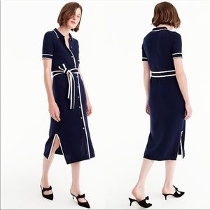 J.Crew Belted Shirtdress Sweater Dress Knit Merino Wool Blue White Midi